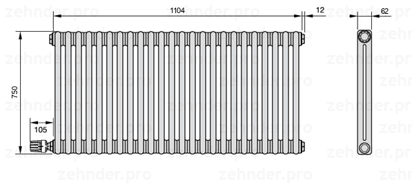 Схема (чертеж) Радиатор Zehnder Charleston 2075/24 №V004 Белый глянцевый RAL 9016